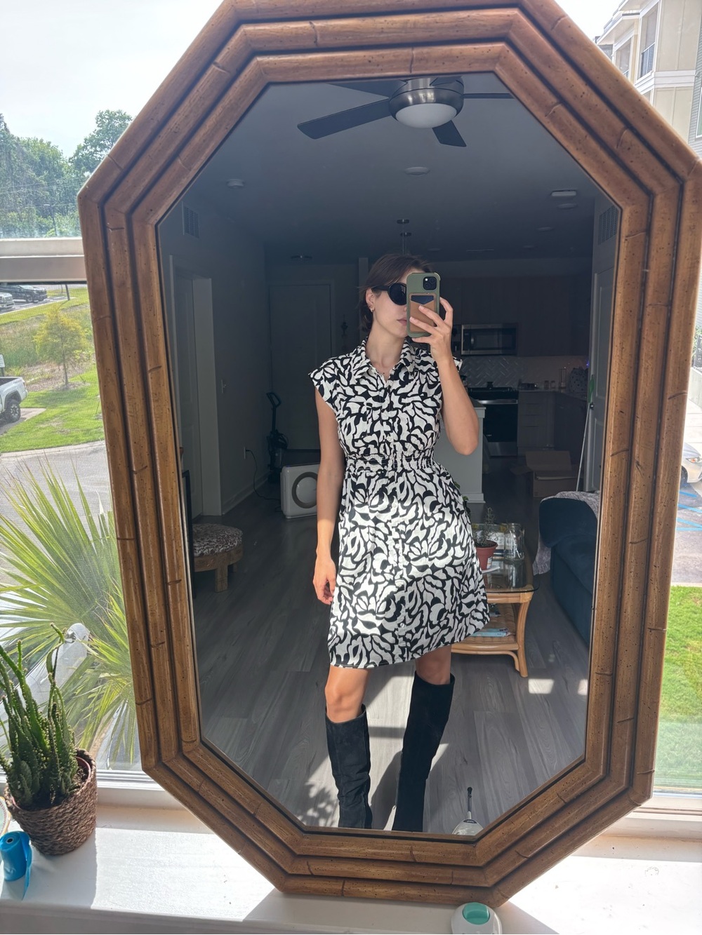 Black & White Printed Cap-Sleeve Dress